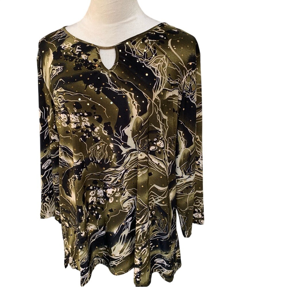 EMILY DANIELS. Women's‎ black and green printed Tunic. Gold dots all over.